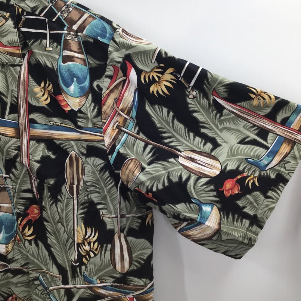 VTG Men's 2XL Hawaiian Shirt Hilo Hatties Palms Canoes Button Down Green Brown - Picture 4 of 9